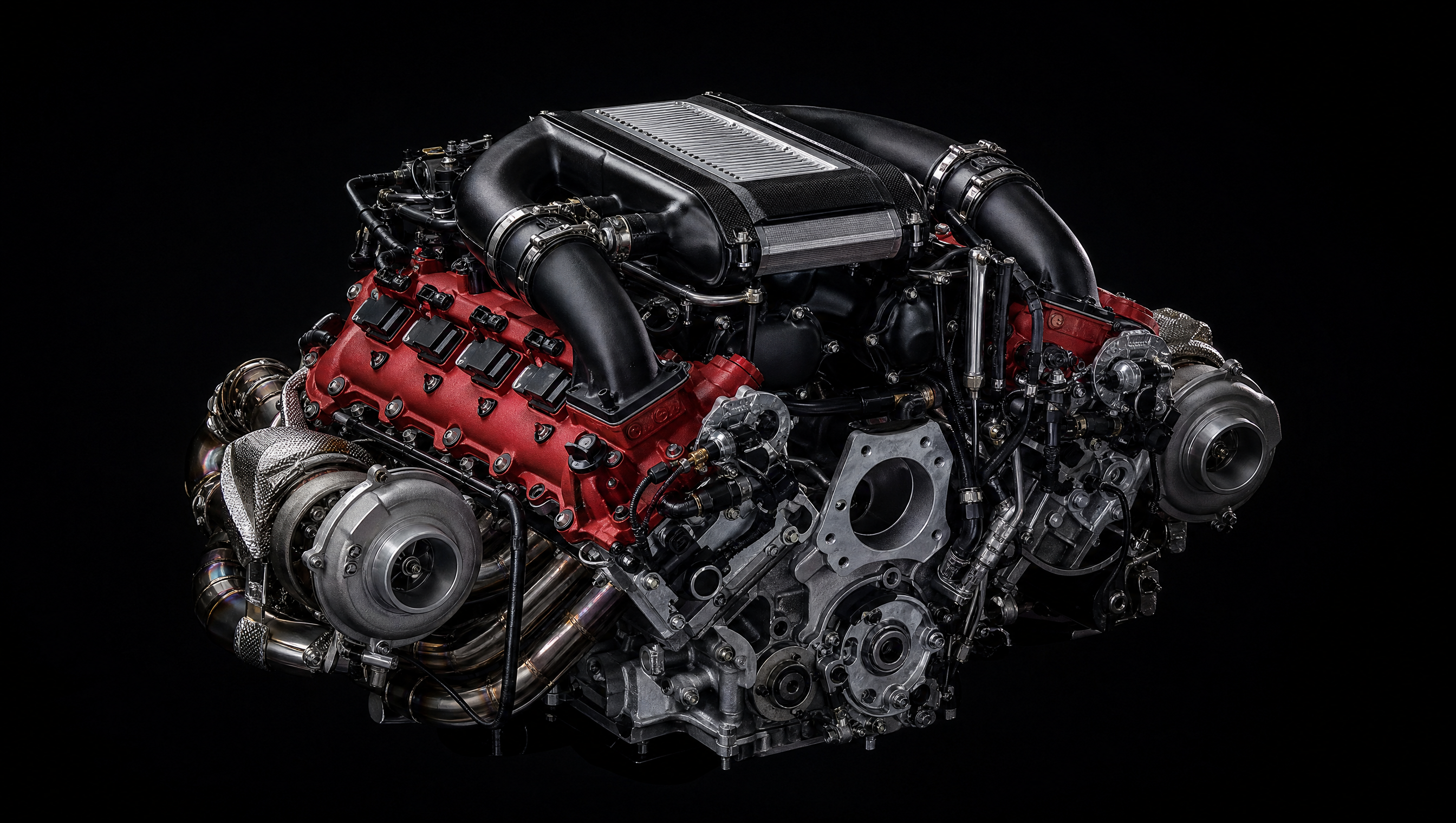 Sculptural metallic engine shown against a dark studio background